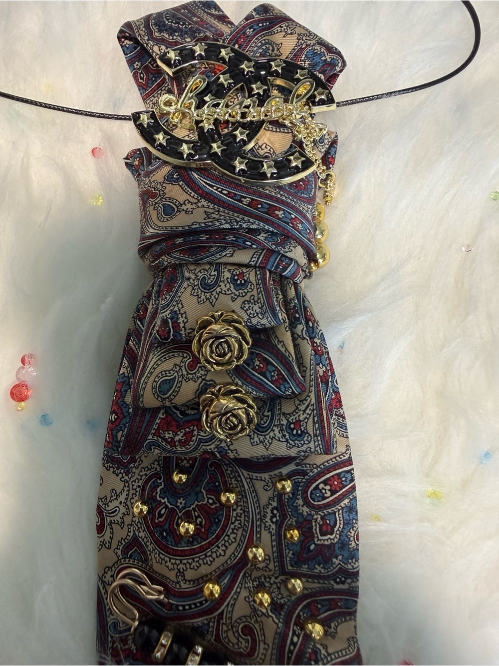 Paisley Dress with Gold Accent Buttons - Beige & Navy